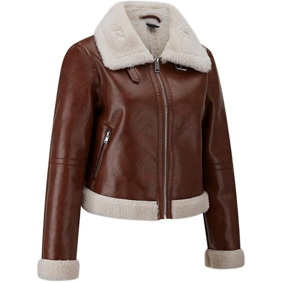 Women's Fur Leather Jacket Shearing Cropped Faux Fur Lined Moto Coat 156 Brown - Picture 2 of 5